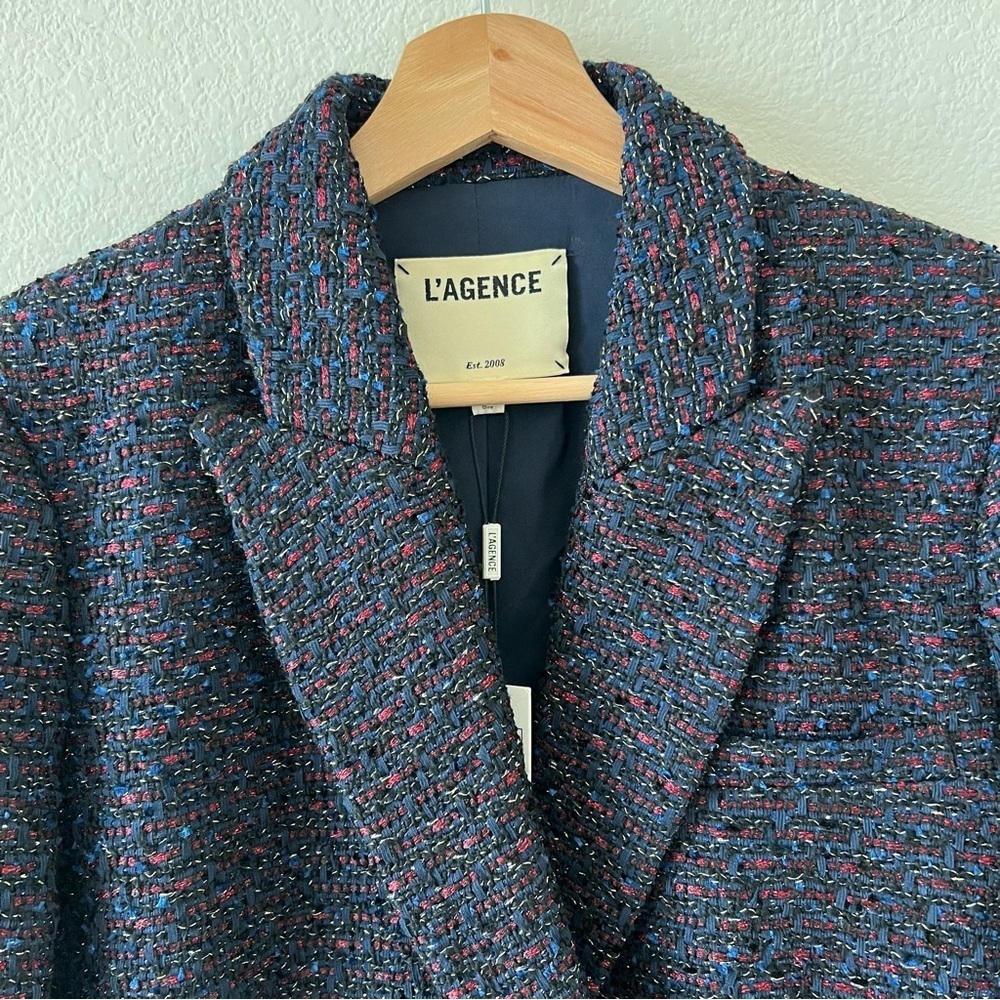 L'AGENCE Ashlyn Navy Multi-Color Textured Tweed Double Breasted Blazer 2 NWT - Picture 6 of 16